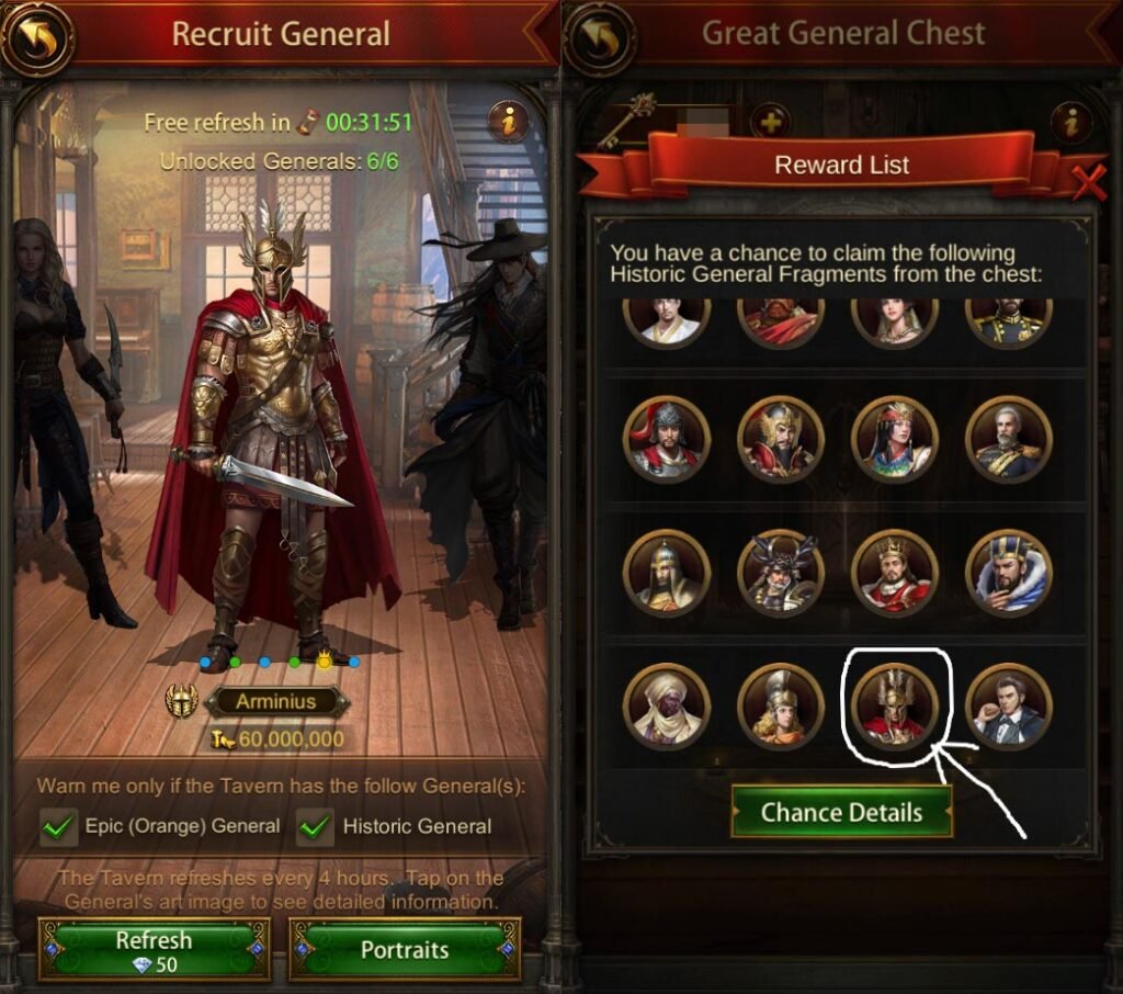 Get Arminius through Tavern Recruit and Great General Chest