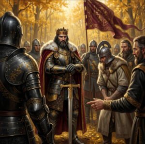 Medieval king leading troops in an autumn forest.